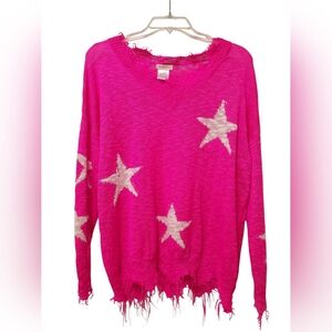 Main Strip Hot Pink Distressed Knit Top